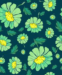 Botanical decor with vintage daisies or Forget-me-nots on a seamless background or pattern in watercolor style. Vector