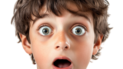 A young boy expressing surprise with wide eyes, perfect for depicting emotions of astonishment and wonder in children's marketing and educational materials..
