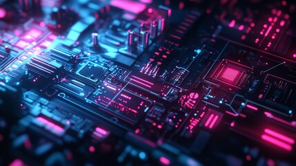 Obraz premium Abstract Futuristic Circuit Board Neon Pink Blue Technology Background 3d data chip lines style 