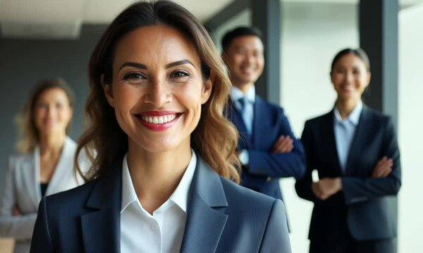 Confident Businesswoman Leading Her Successful Team in Modern Office Setting