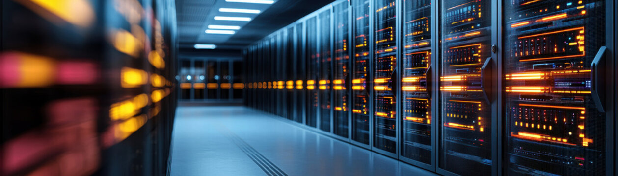 Data Center Heat Water Consumption. Modern data center with illuminated server racks and a sleek, high-tech environment.