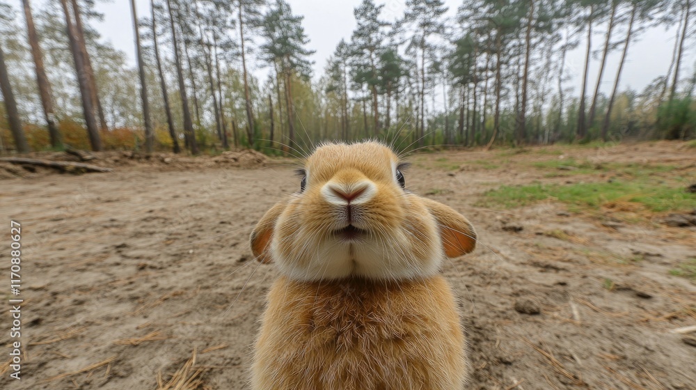 Poster a close-up of a curious rabbit in a forested area, showcasing its features and surroundings.