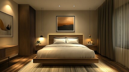 Serene Modern Bedroom Interior Design: Warm Lighting, Wooden Accents, and Tranquil Atmosphere
