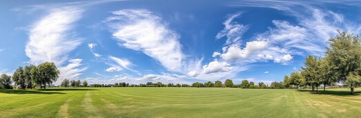 Fototapeta premium A wide open field with a blue sky and fluffy clouds