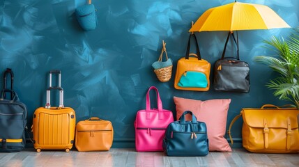 Vibrant luggage and beach accessories under colorful umbrella on a sunny summer day