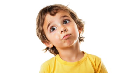 A young child with a raised eyebrow looking thoughtfully at the camera, perfect for showcasing expressions of curiosity and innocence in various contexts..