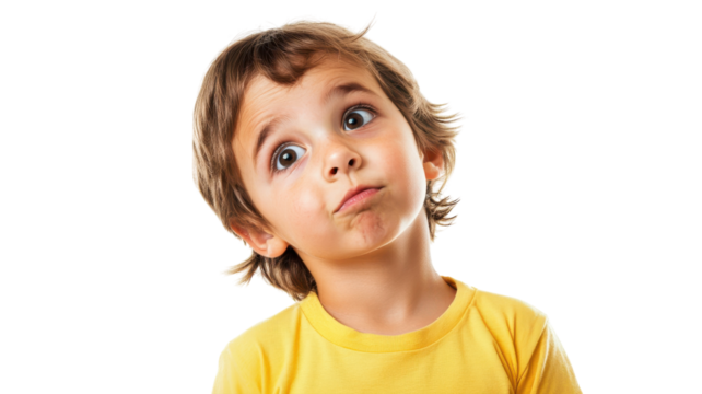 A young child with a raised eyebrow looking thoughtfully at the camera, perfect for showcasing expressions of curiosity and innocence in various contexts..