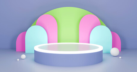 4k Three-dimensional product display space using light green, plum, pale turquoise and orchid