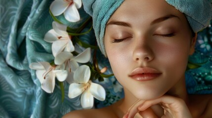 Image of a woman with her eyes closed and flowers in the background. This image is perfect for articles about relaxation, spa treatments and skin care.