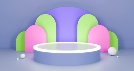 4k Three-dimensional product display space using medium purple, light green and Plum
