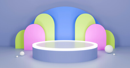 4k Three-dimensional product display space using cornflower blue, pale golden rod and Plum