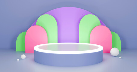 4k Three-dimensional product display space using Plum, light green and pale violet red