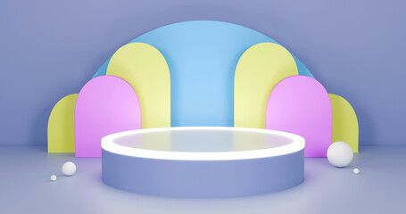 4k Three-dimensional product display space using Light sky blue, pale golden rod and Plum
