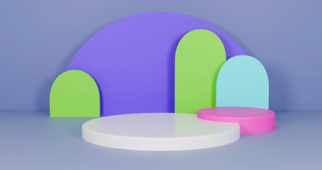 4k Three-dimensional product display space using medium purple, light green and powder blue