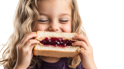 A young girl relishing a delicious peanut butter sandwich, ideal for food blogs, children's nutrition articles, and culinary workshops..