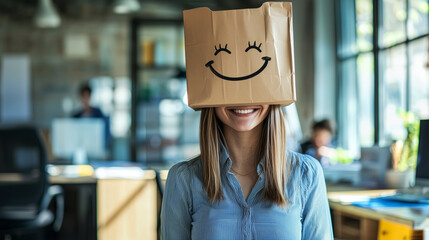 Office fun Young businesswoman with a winking smiley face paper bag