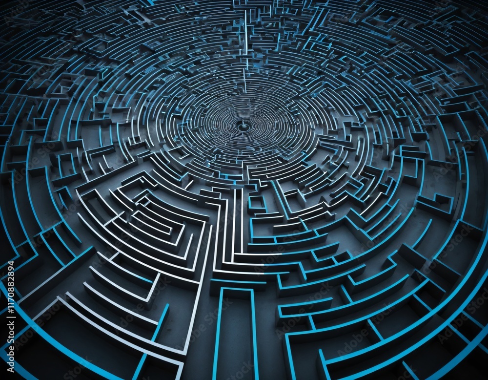 Poster a complex labyrinth formed by fine lines and tortuous geometric patterns. monochrome colors with a t