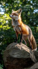 A fox standing majestically on a rock, surrounded by lush greenery.