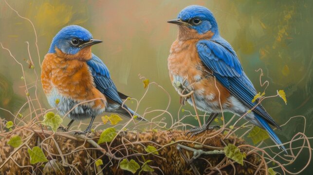 Two brightly colored tits sitting on a branch among green foliage. This picture will be appropriate in publications about nature, ornithology and art.