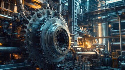A dynamic industrial scene, where powerful machines and rotating gears create an energetic flow of mechanical design.