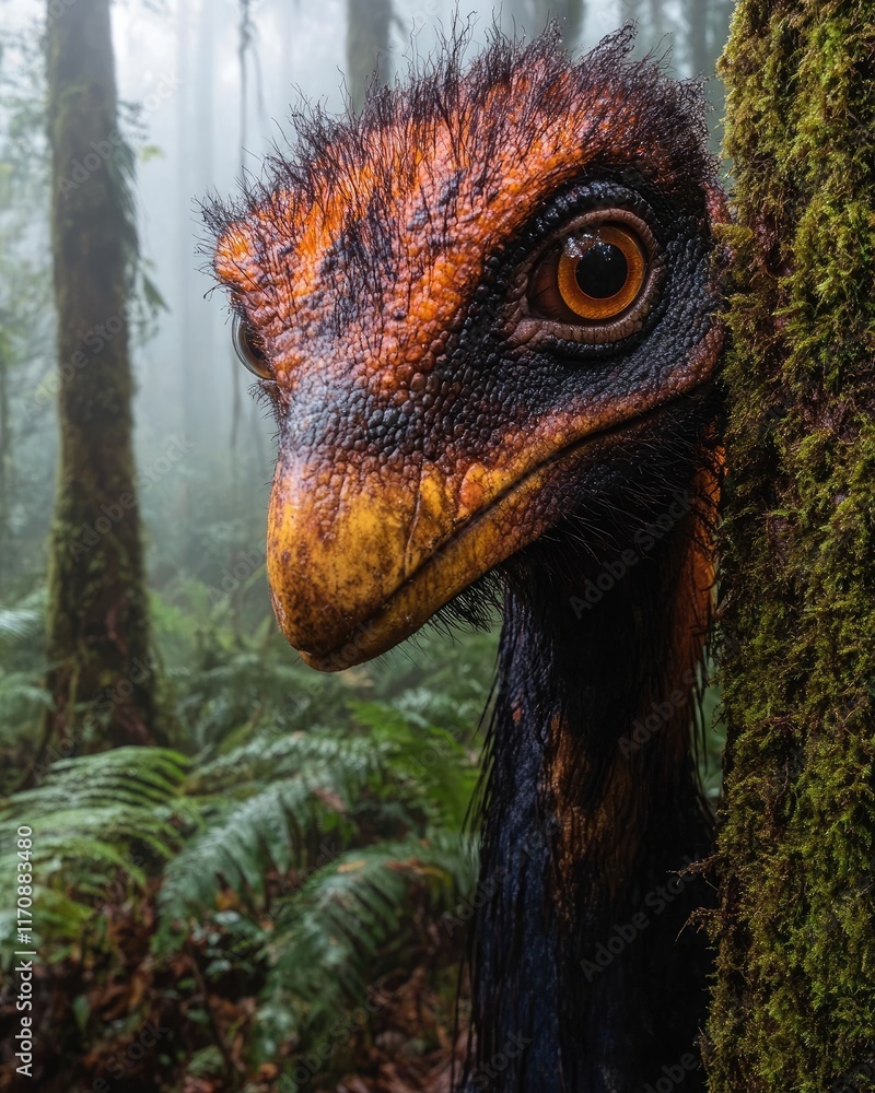 Poster a close-up of a colorful bird peering from behind a tree in a misty forest.