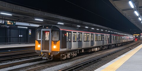 Naklejka premium A train at a station during nighttime, showcasing urban transport infrastructure.