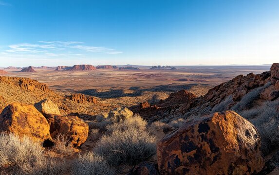 A rocky desert landscape with a clear blue sky
