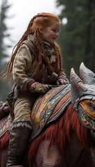 A young girl with red hair rides a fantastical creature in a misty forest setting.