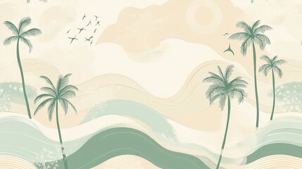 Fototapeta premium Tropical Beach Palm Trees Watercolor Illustration