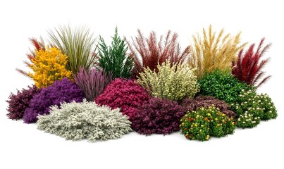 Colorful shrub and grass border collection isolated on white.