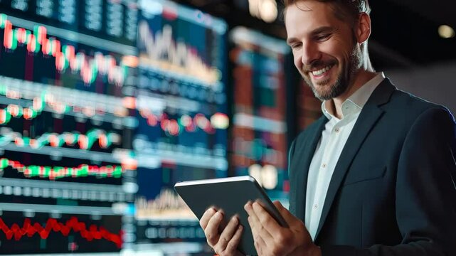 Confident young businessman reviews financial daton tablet in modern office, surrounded by dynamic stock market screens, embodying professionalism and success in finance.