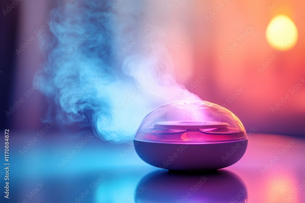 Poster diffuser creating colorful mist in a cozy room with ambient lighting