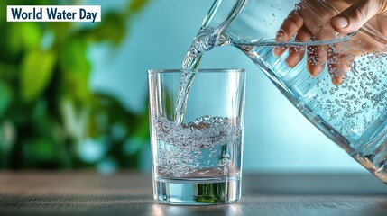 Hand pours clear water into a glass surrounded by vibrant green foliage in a refreshing indoor setting