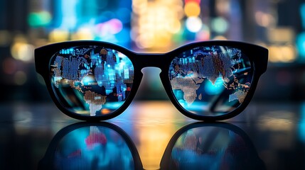 World map reflected in sunglasses at night.
