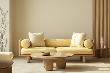 a minimal wooden-frame yellow sofa with neutral linen cushions all in warm earthy tones in living room 