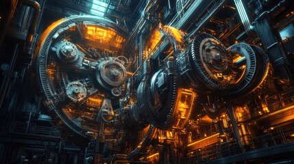 Fototapeta premium A vibrant industrial scene with large rotating wheels and gears working together to create a continuous flow of mechanical energy.