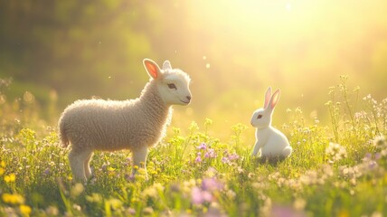 Obraz premium Lamb and bunny in green field with wildflowers, playful Easter moment. Easter