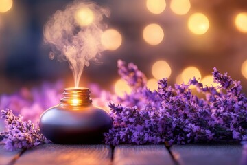 Lavender oil diffuser releasing aromatic steam amidst beautiful lavender flowers