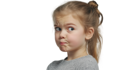 A young girl with a skeptical expression, perfect for illustrating pensive or uncertain emotions in children's educational materials or marketing campaigns..