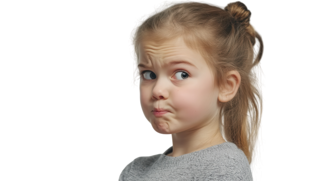 A young girl with a skeptical expression, perfect for illustrating pensive or uncertain emotions in children's educational materials or marketing campaigns..