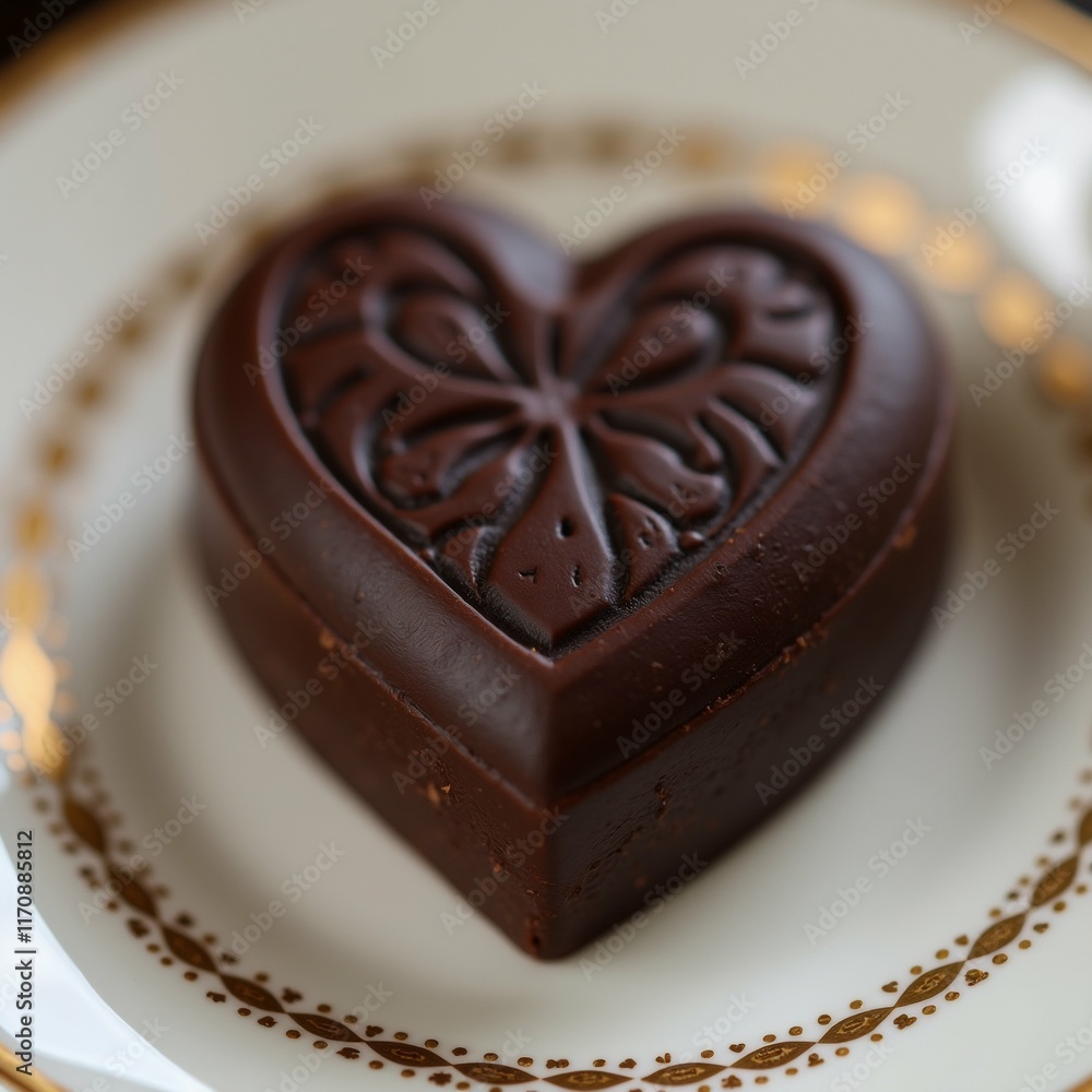 Poster the image is a close-up of a heart-shaped chocolate cake on a white plate with a gold rim. the cake 