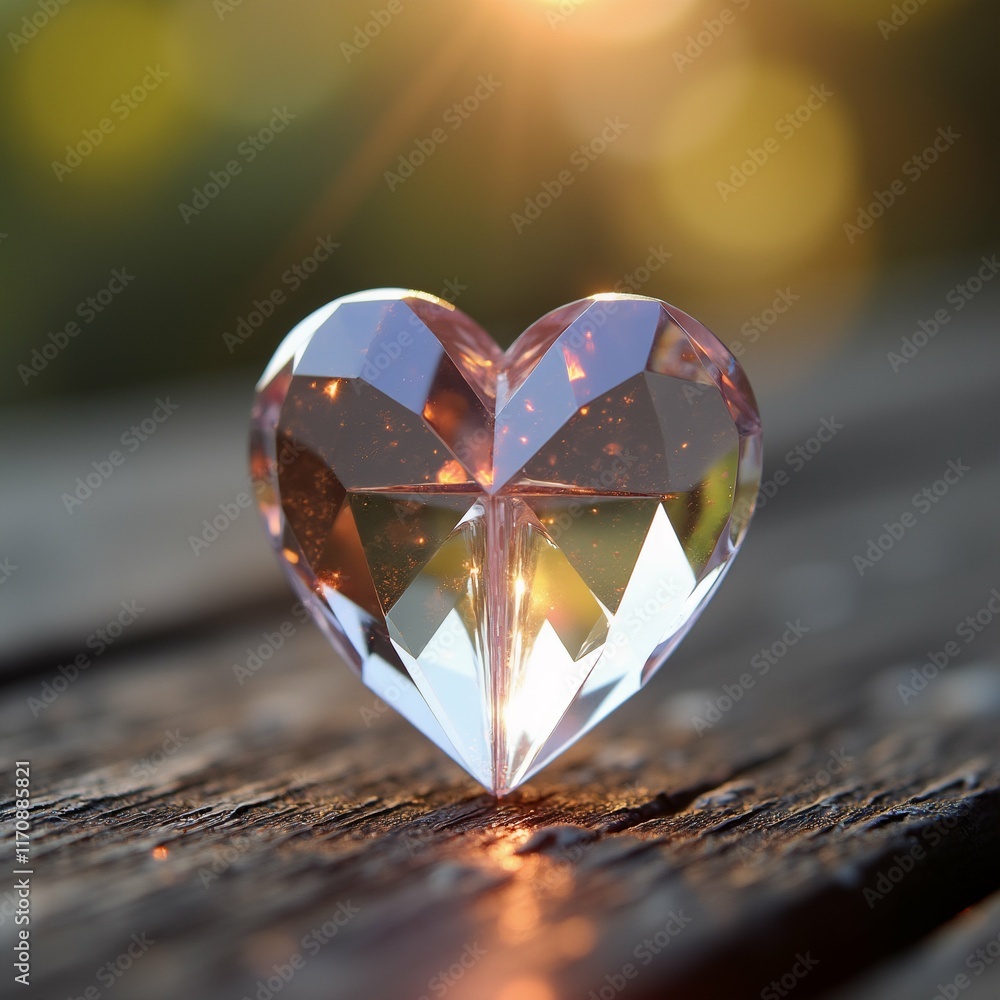 Poster the image is a close-up of a heart-shaped crystal on a wooden surface. the crystal is transparent an