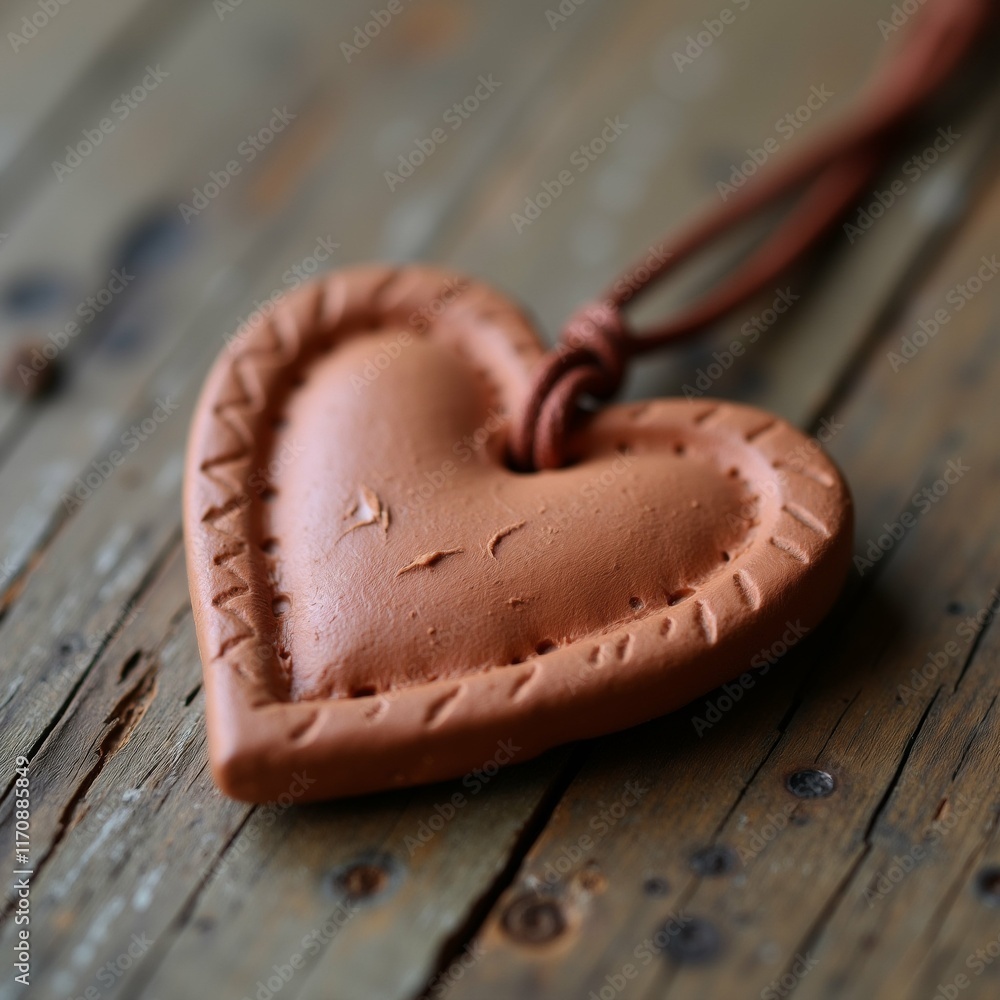 Poster the image is a close-up of a heart-shaped pendant on a wooden surface. the pendant is made of clay a
