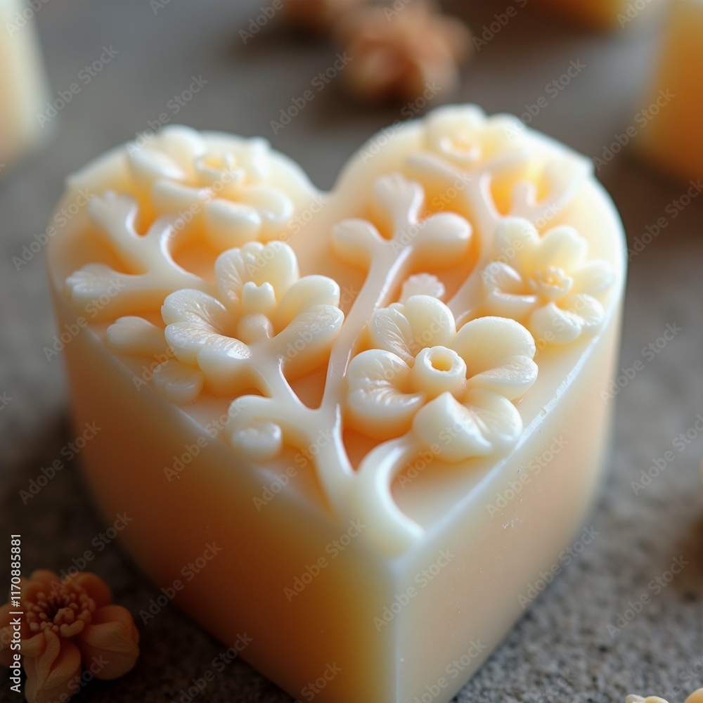 Poster the image is a close-up of a heart-shaped soap bar. the soap bar is made of a light-colored material