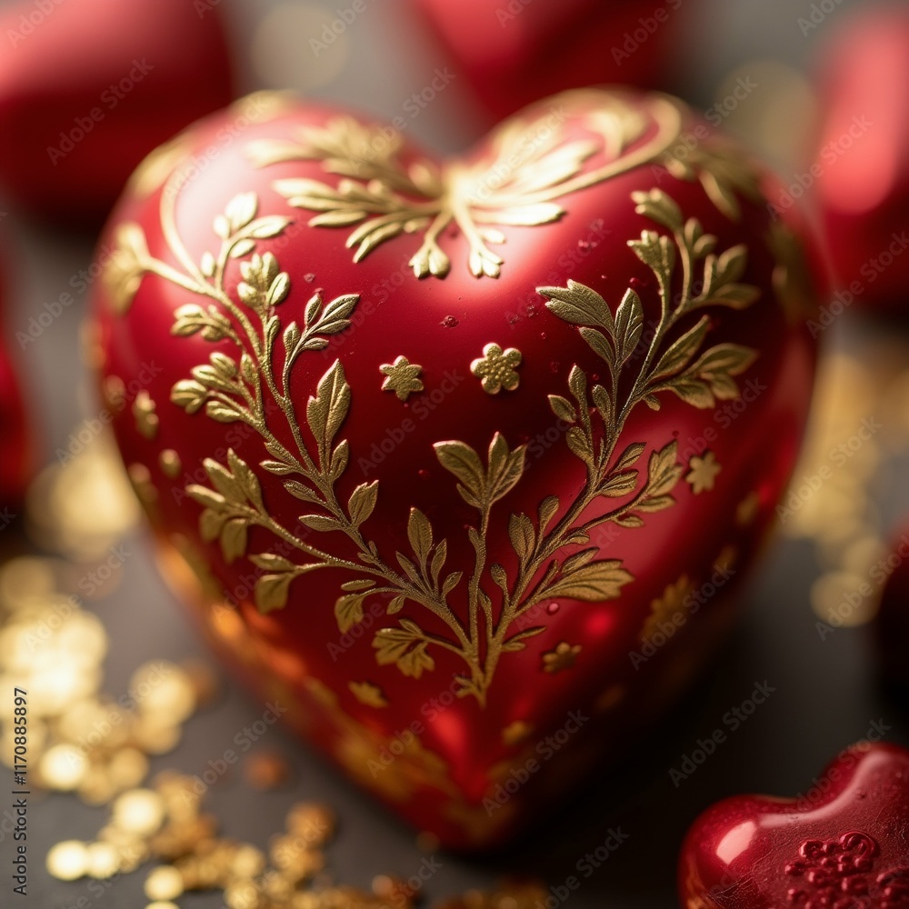 Poster the image is a close-up of a red heart-shaped object with a gold floral design on it. the heart is p