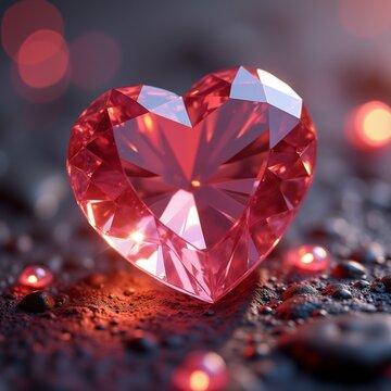 The image is a close-up of a heart-shaped gemstone. The gemstone is a deep pink color and has a faceted surface. It is placed on a dark surface with small red and black pebbles scattered around it.
