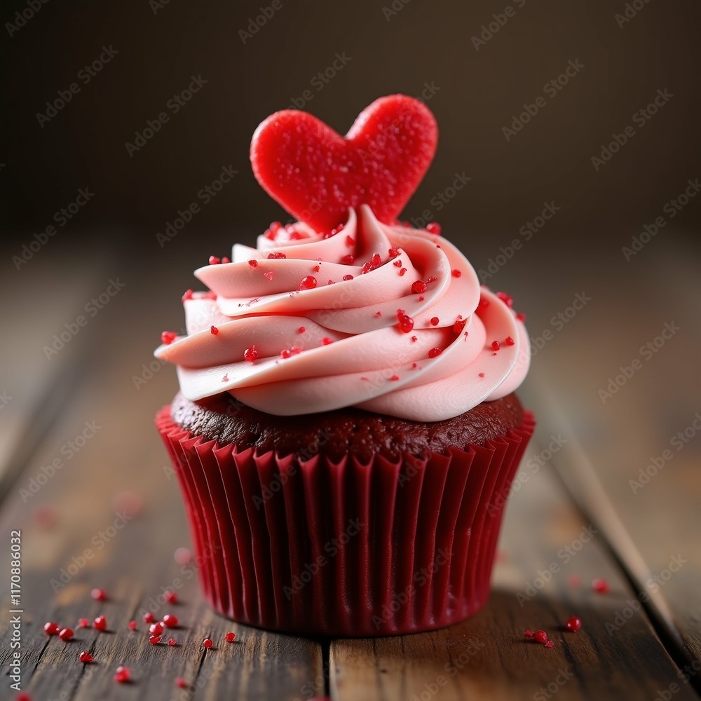 Poster the image is of a red velvet cupcake with white frosting on top. the cupcake is placed on a wooden s