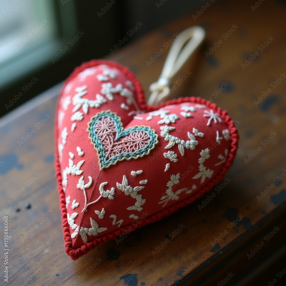 Poster the image is of a red heart-shaped keychain with white embroidery on it. the heart is resting on a w