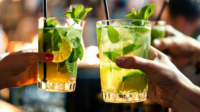 Vibrant scene of hands holding mojito-inspired cocktails garnished with mint and lime, set against warm, festive backdrop, capturing celebration and relaxation. perfect for hospitality marketing.