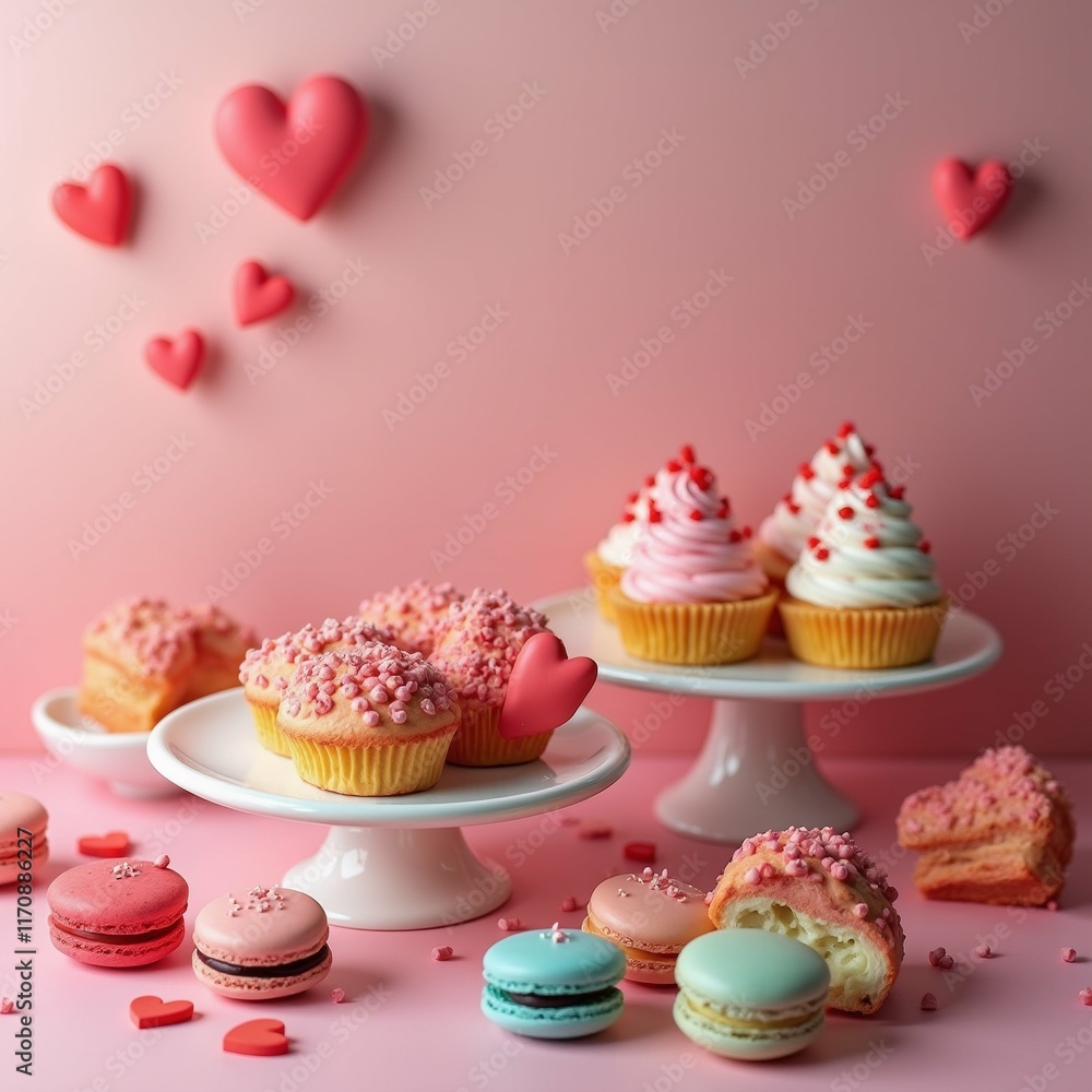 Poster the image shows a group of cupcakes and macarons on a pink background. there are three white cake st